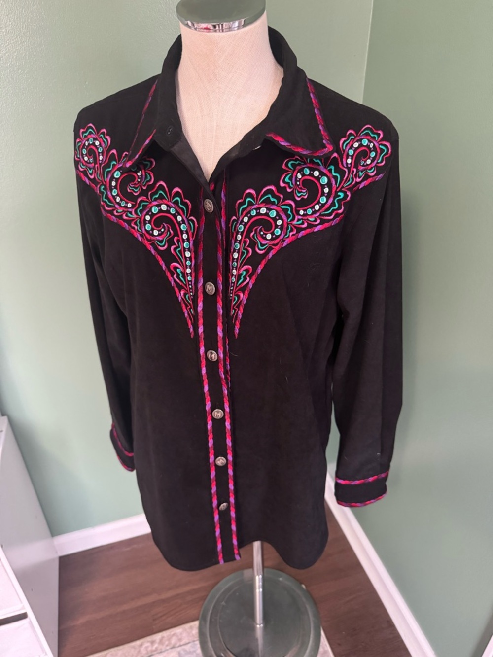 Bob Mackie Black Western-Style Button Shirt with Pink & Teal Embroidery